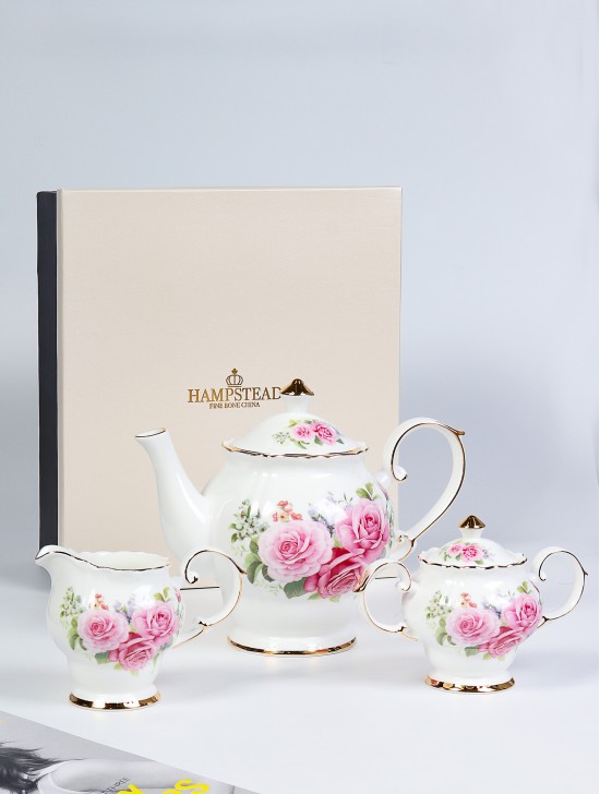 Pink Roses Tea Pot, Cream and Sugar Set